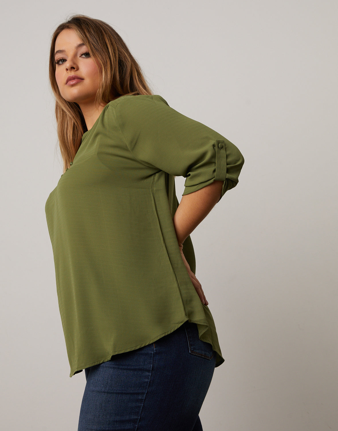 Plus Size Cuffed Sleeve Chiffon Blouse