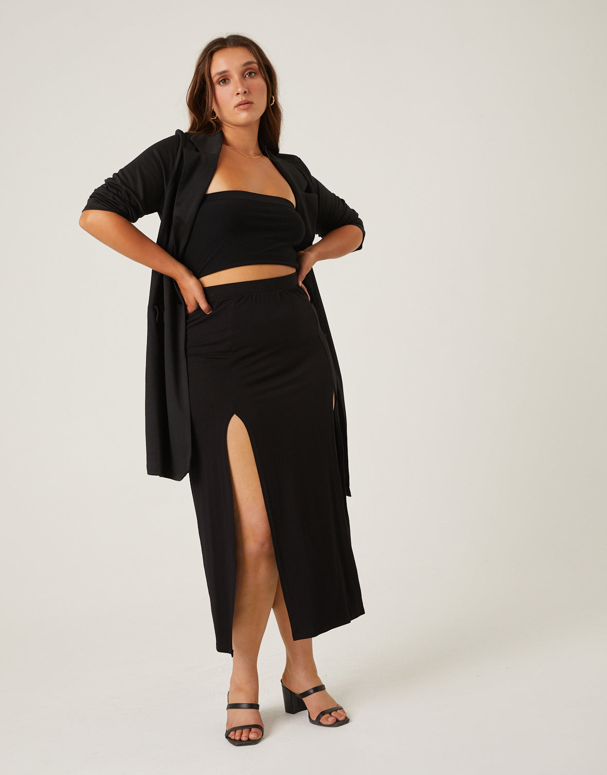 Plus Size Double Slit Midi Skirt