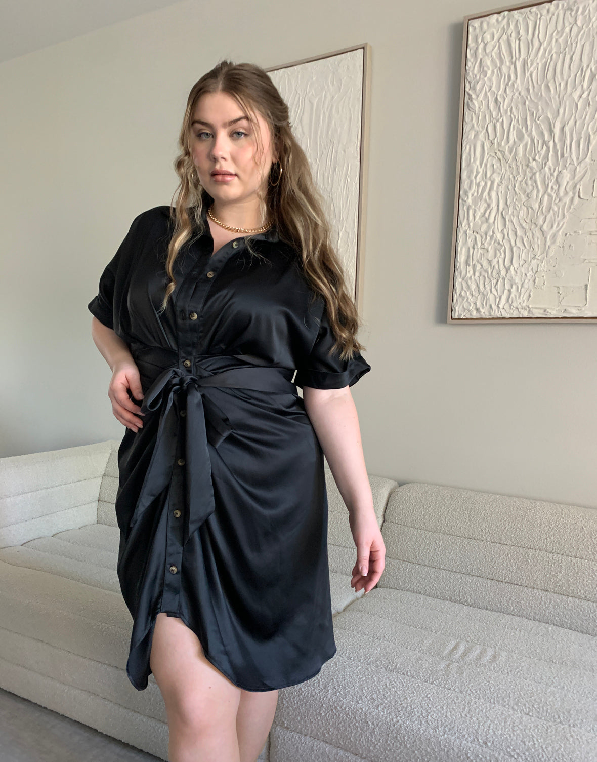 Plus Size Satin Ruched Button Up Dress