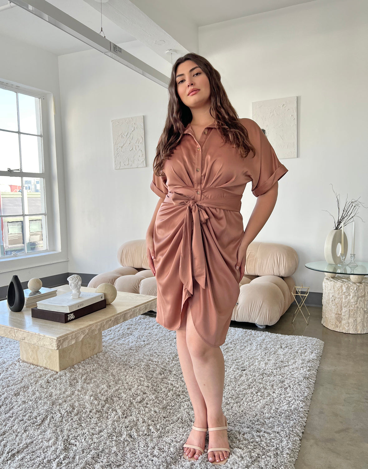 Plus Size Satin Ruched Button Up Dress