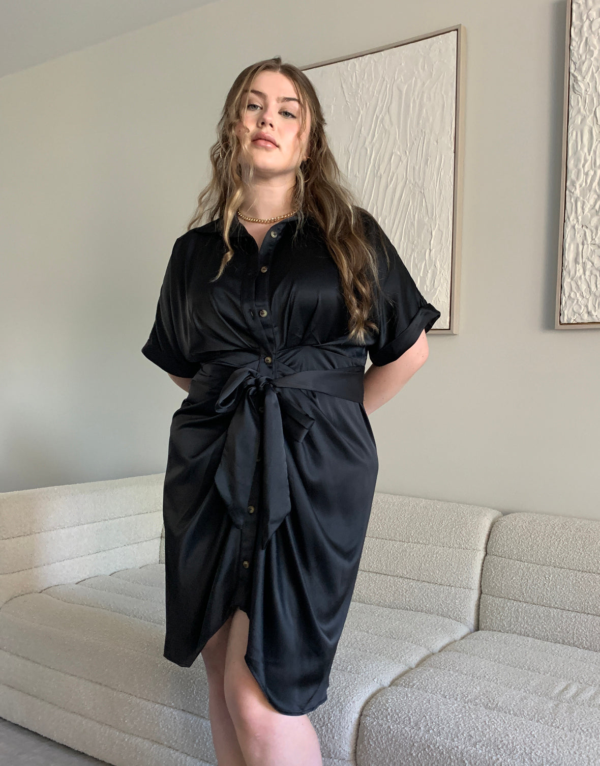 Plus Size Satin Ruched Button Up Dress