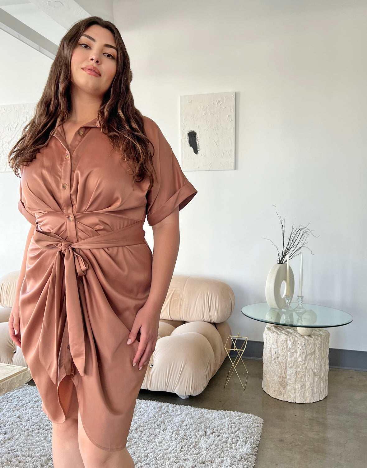 Plus Size Satin Ruched Button Up Dress