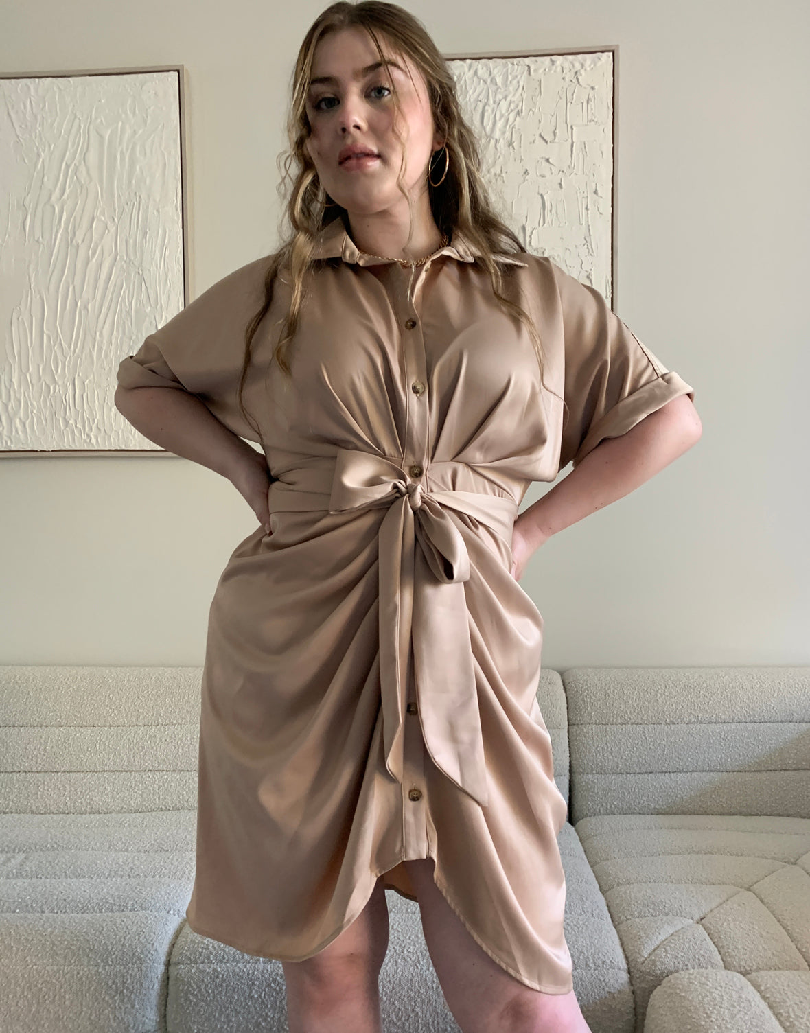 Plus Size Satin Ruched Button Up Dress