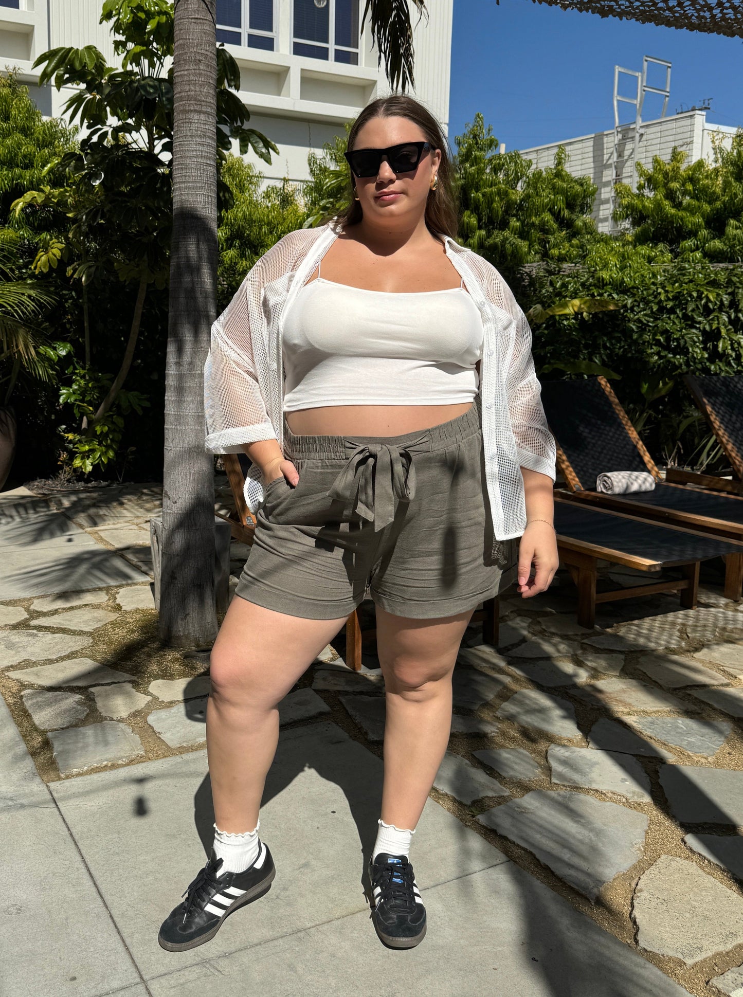 Plus Size Mesh Double Pocket Button Down
