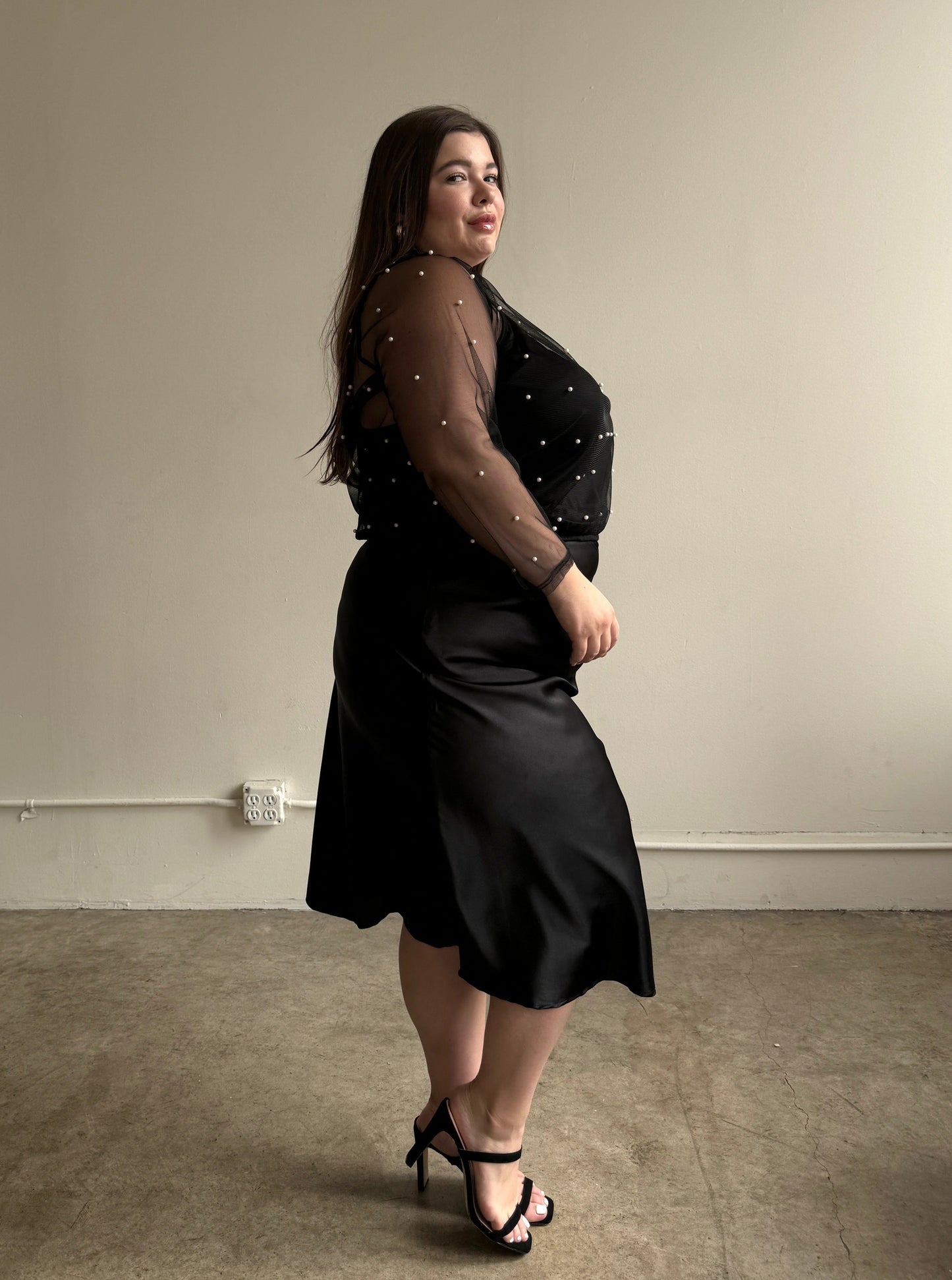 Plus Size Beaded Mesh Mock Neck Top