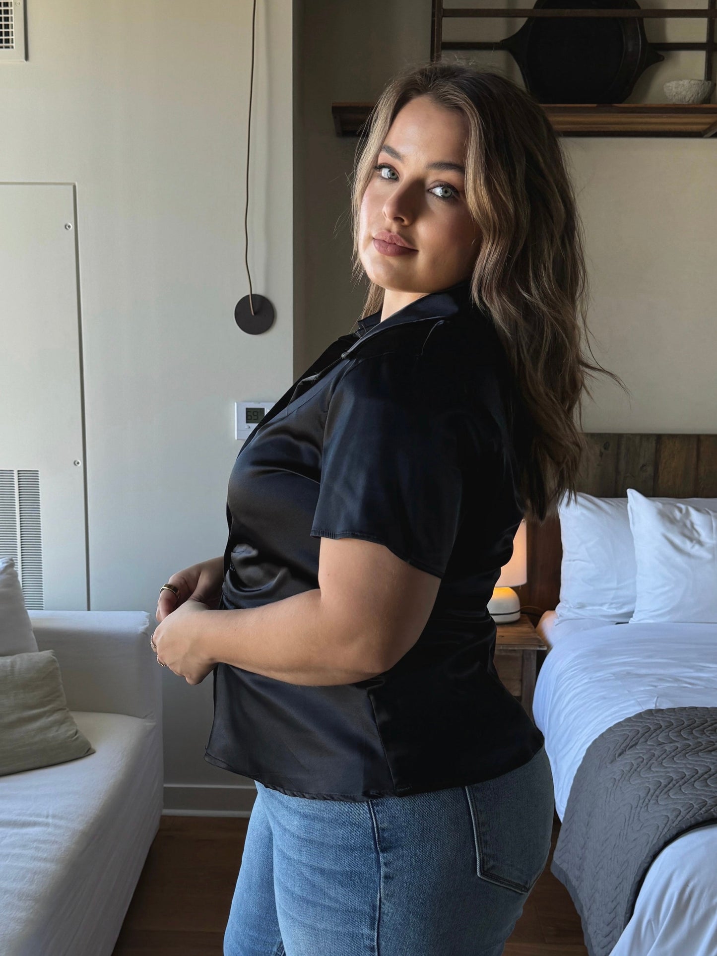 Plus Size Ruched Short Sleeve Button Down Top
