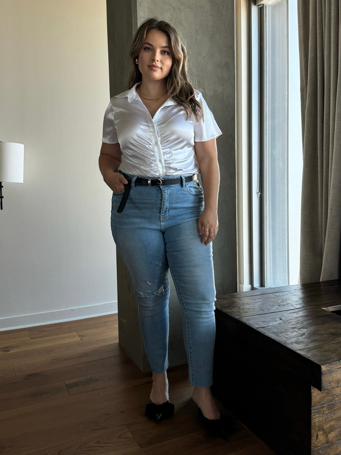 Plus Size Ruched Short Sleeve Button Down Top