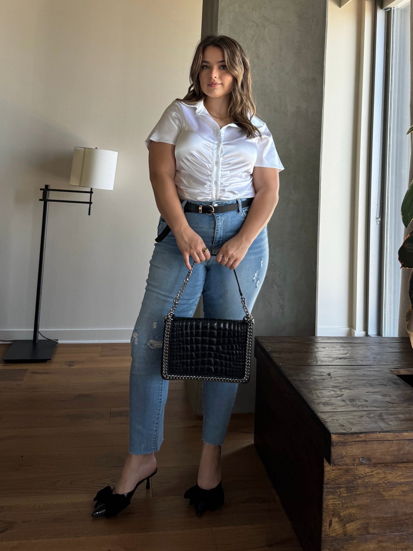 Plus Size Ruched Short Sleeve Button Down Top