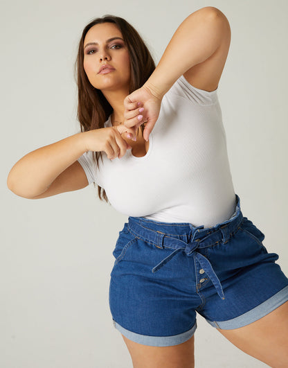 Plus Size Denim Tie Belt Shorts