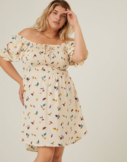 Plus Size Leaf Print Smocked Dress