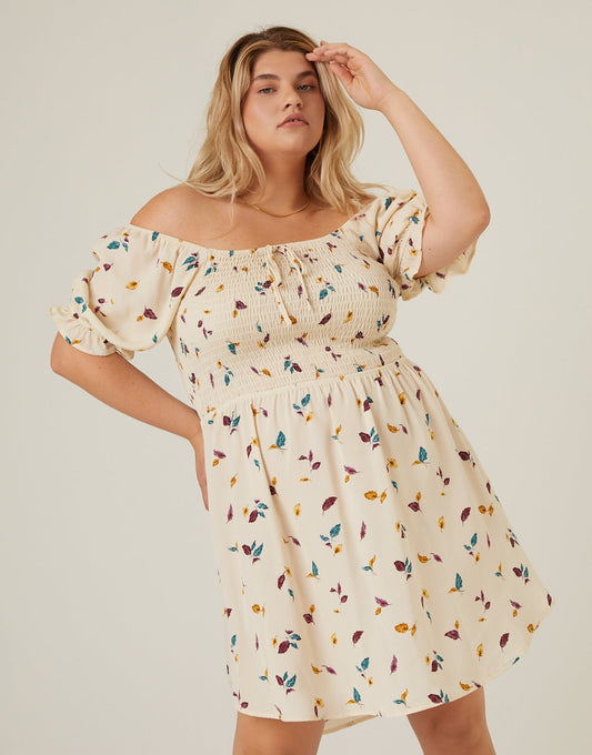 Plus Size Leaf Print Smocked Dress