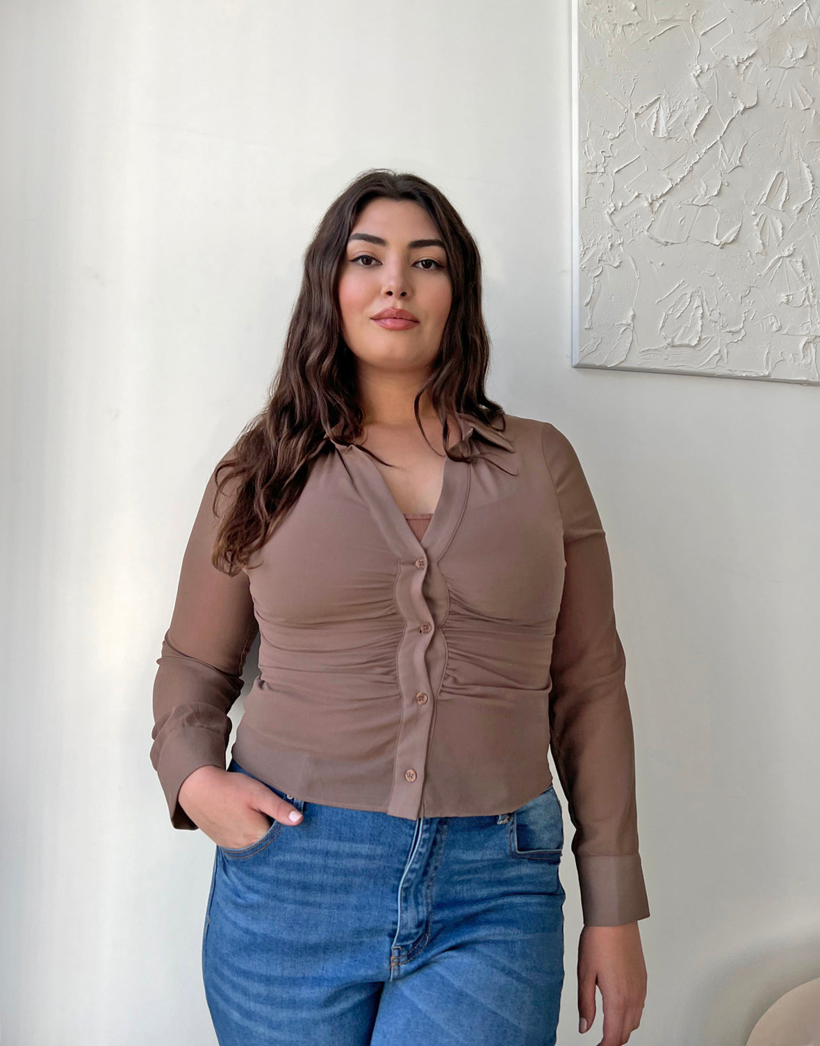 Plus Size Ruched Button Up Shirt