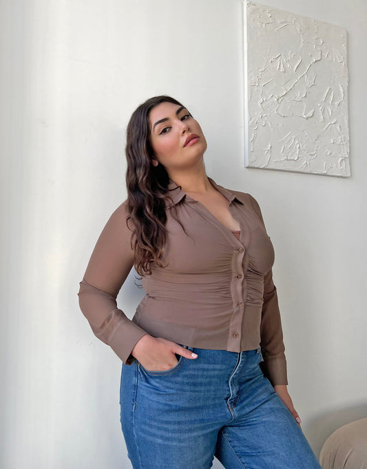 Plus Size Ruched Button Up Shirt