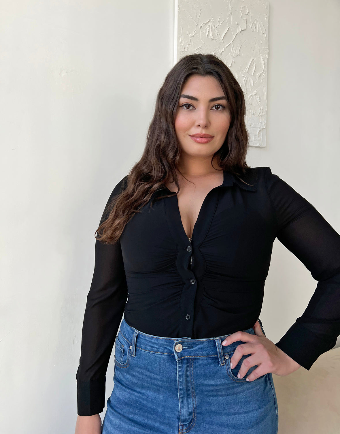 Plus Size Ruched Button Up Shirt