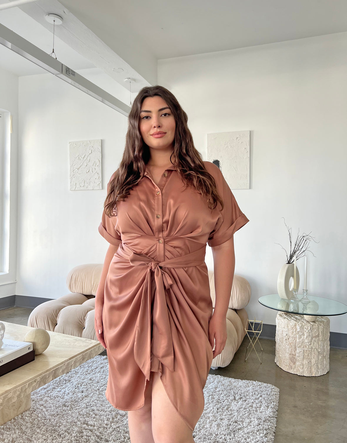 Plus Size Satin Ruched Button Up Dress
