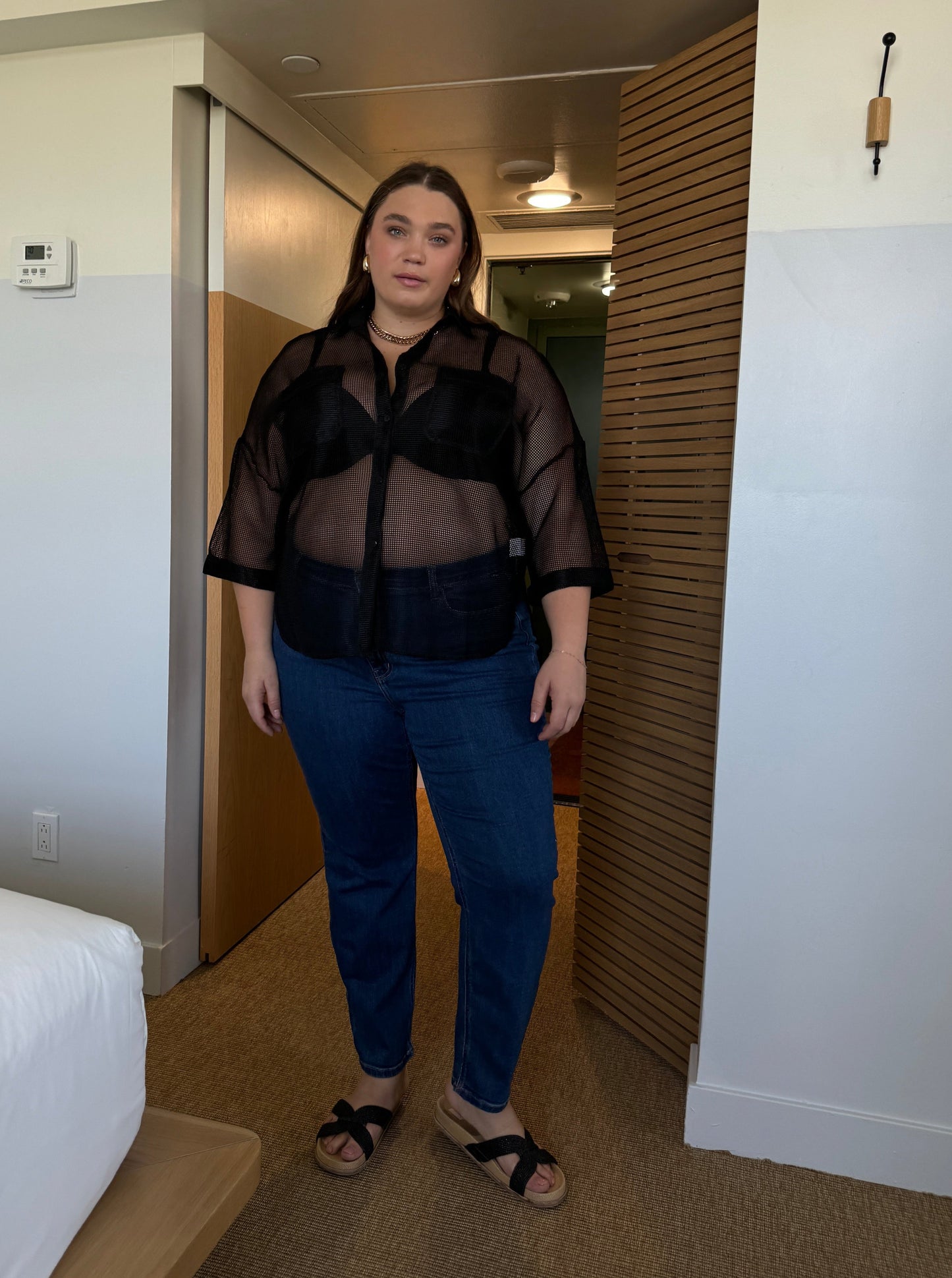 Plus Size Mesh Double Pocket Button Down