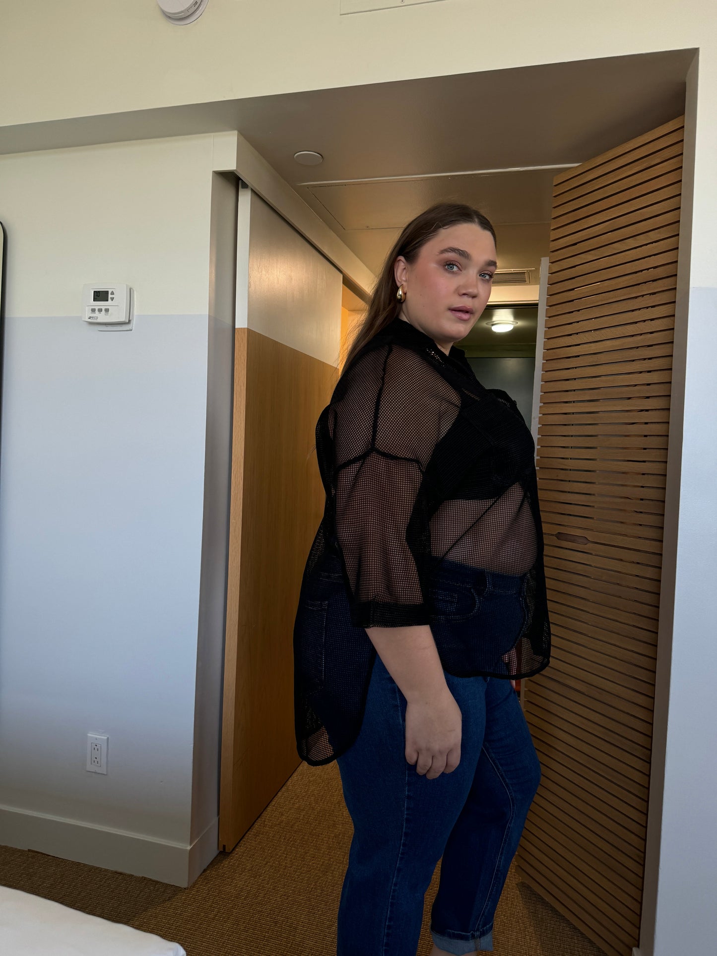Plus Size Mesh Double Pocket Button Down