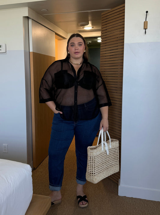 Plus Size Mesh Double Pocket Button Down