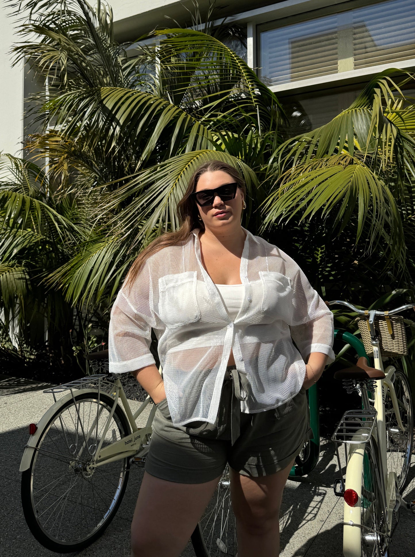 Plus Size Mesh Double Pocket Button Down
