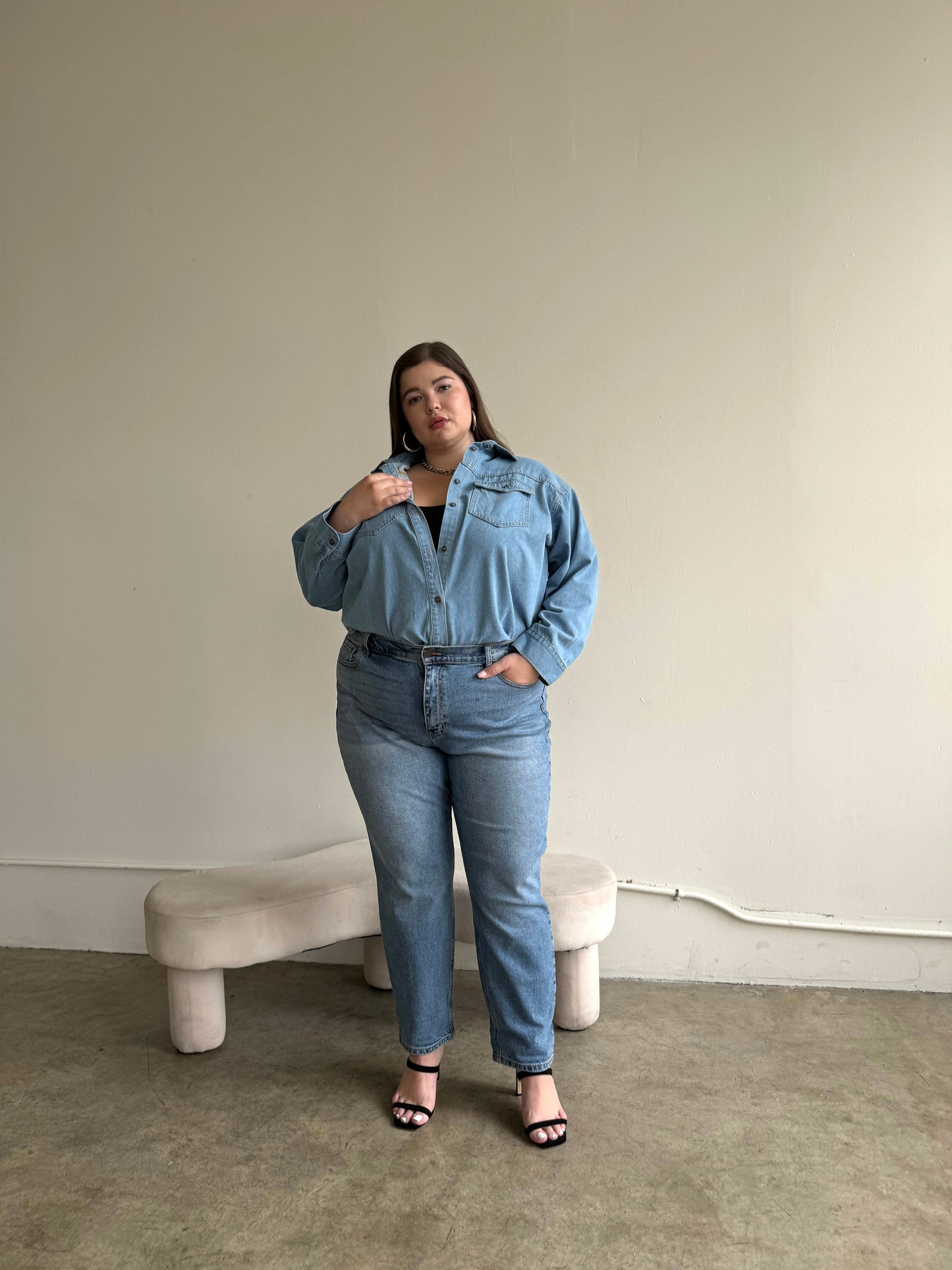 Plus Size Oversized Pocket Classic Denim Shirt