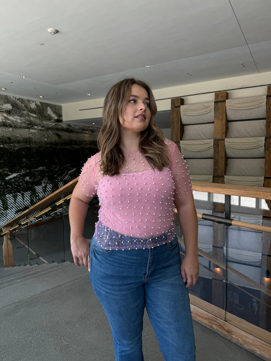 Plus Size Pearl Embellished Mesh Top