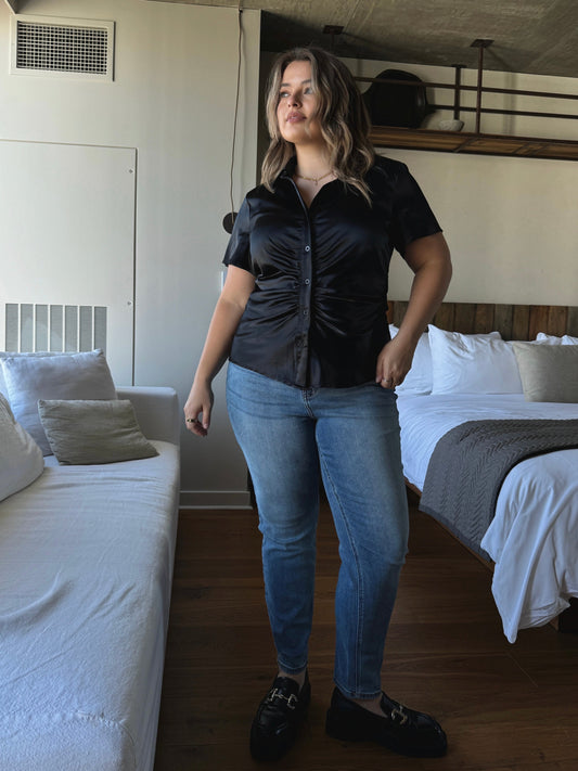 Plus Size Ruched Short Sleeve Button Down Top