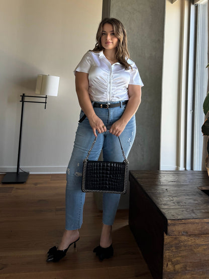 Plus Size Ruched Short Sleeve Button Down Top